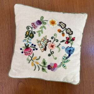 Hand Embroidered Floral Wreath Decorative Pillow - Multicolor on Cream